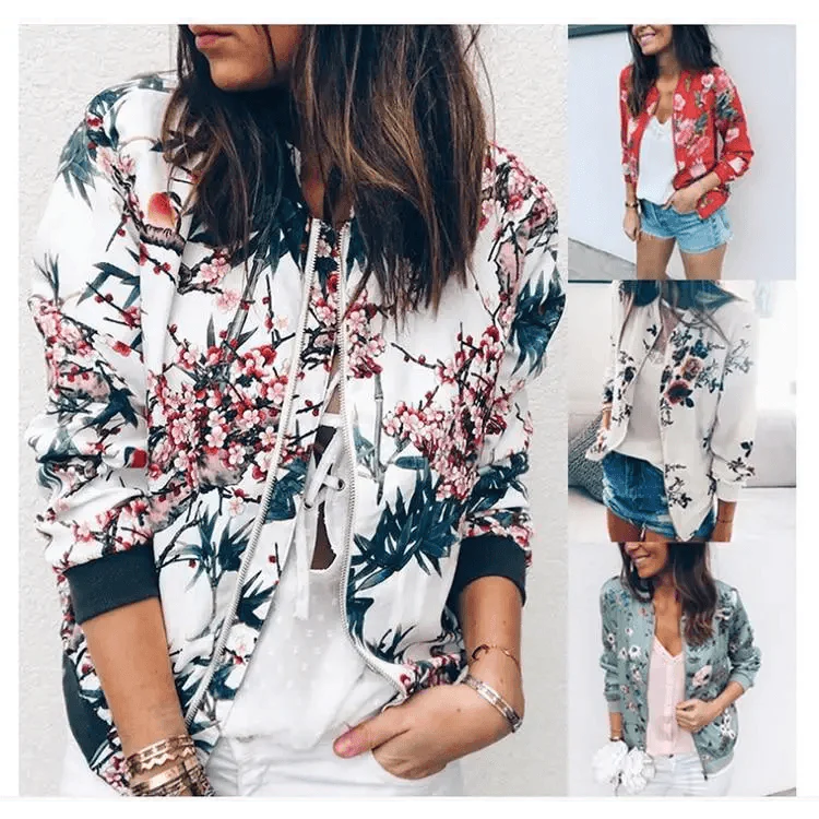 New Vintage Style Autumn Plus Size Printed Bomber Jacket For Women Pockets Zipper Long Sleeve Coat For Female Flower Chiffon White Jacket Woman
