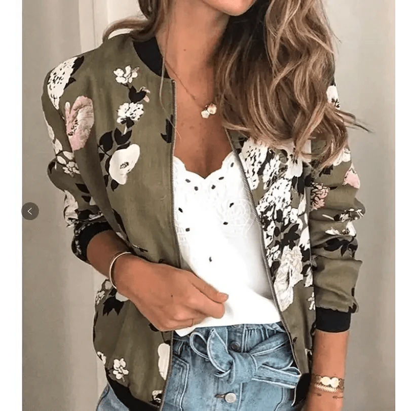New Vintage Style Autumn Plus Size Printed Bomber Jacket For Women Pockets Zipper Long Sleeve Coat For Female Flower Chiffon White Jacket Woman