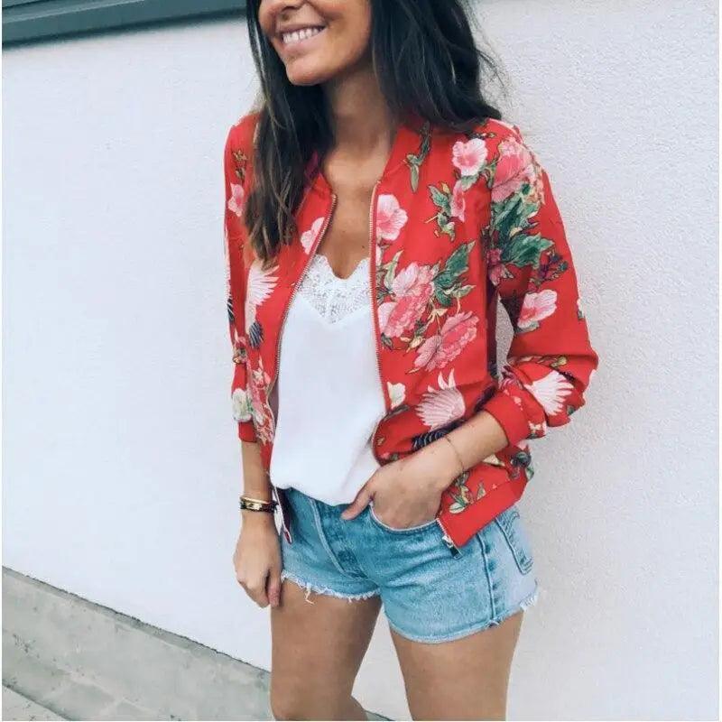 New Vintage Style Autumn Plus Size Printed Bomber Jacket For Women Pockets Zipper Long Sleeve Coat For Female Flower Chiffon White Jacket Woman