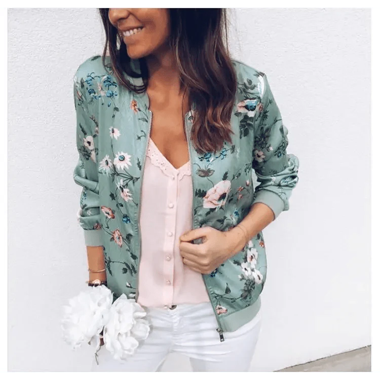 New Vintage Style Autumn Plus Size Printed Bomber Jacket For Women Pockets Zipper Long Sleeve Coat For Female Flower Chiffon White Jacket Woman