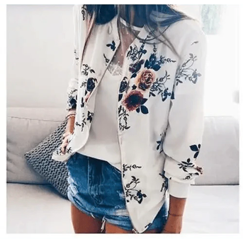 New Vintage Style Autumn Plus Size Printed Bomber Jacket For Women Pockets Zipper Long Sleeve Coat For Female Flower Chiffon White Jacket Woman