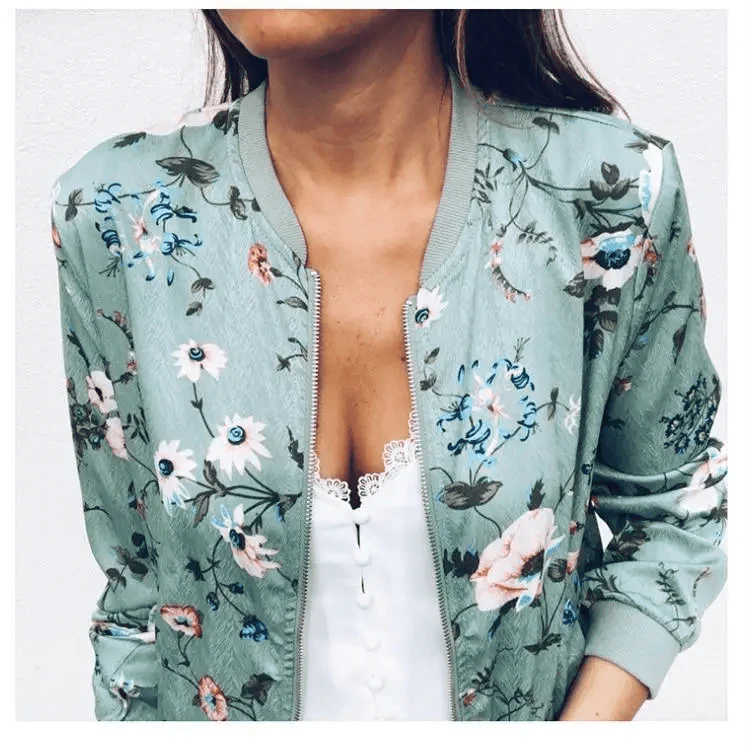 New Vintage Style Autumn Plus Size Printed Bomber Jacket For Women Pockets Zipper Long Sleeve Coat For Female Flower Chiffon White Jacket Woman