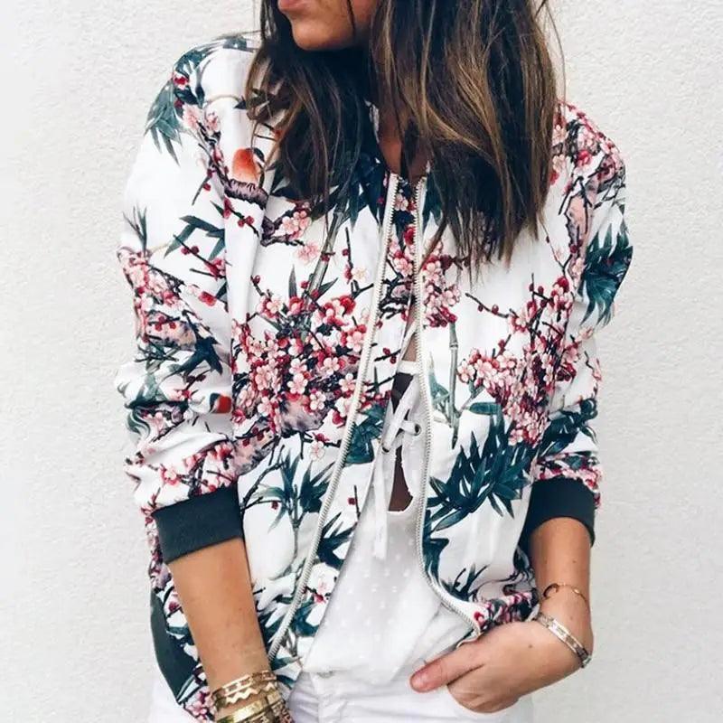 New Vintage Style Autumn Plus Size Printed Bomber Jacket For Women Pockets Zipper Long Sleeve Coat For Female Flower Chiffon White Jacket Woman