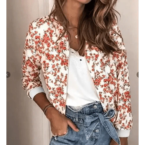 New Vintage Style Autumn Plus Size Printed Bomber Jacket For Women Pockets Zipper Long Sleeve Coat For Female Flower Chiffon White Jacket Woman