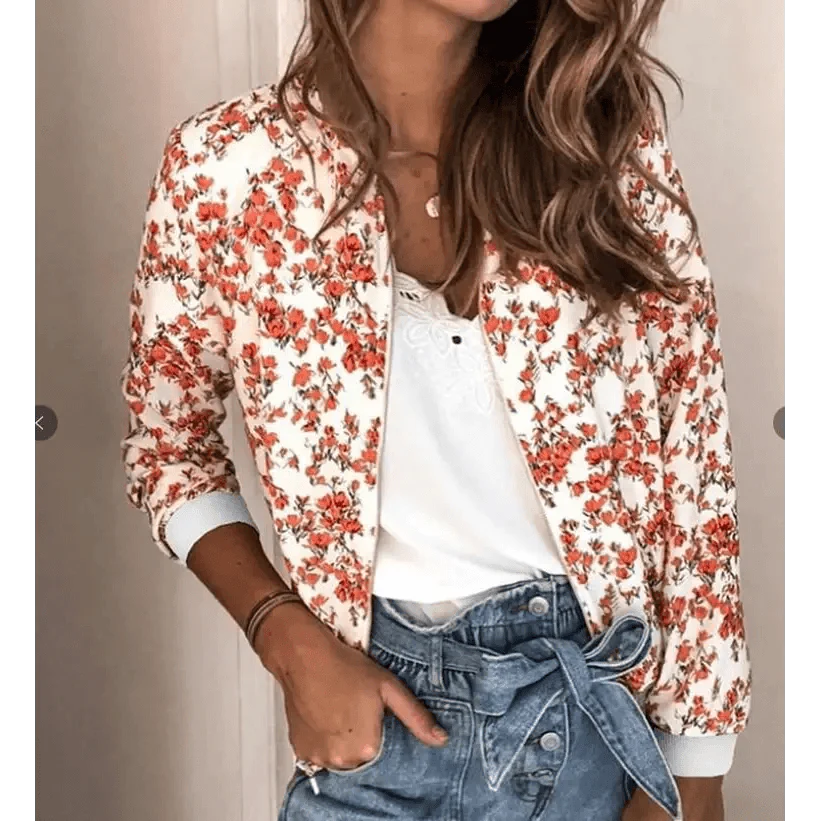 New Vintage Style Autumn Plus Size Printed Bomber Jacket For Women Pockets Zipper Long Sleeve Coat For Female Flower Chiffon White Jacket Woman