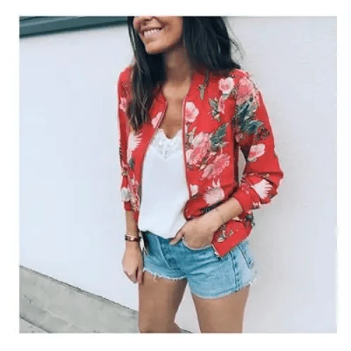 New Vintage Style Autumn Plus Size Printed Bomber Jacket For Women Pockets Zipper Long Sleeve Coat For Female Flower Chiffon White Jacket Woman