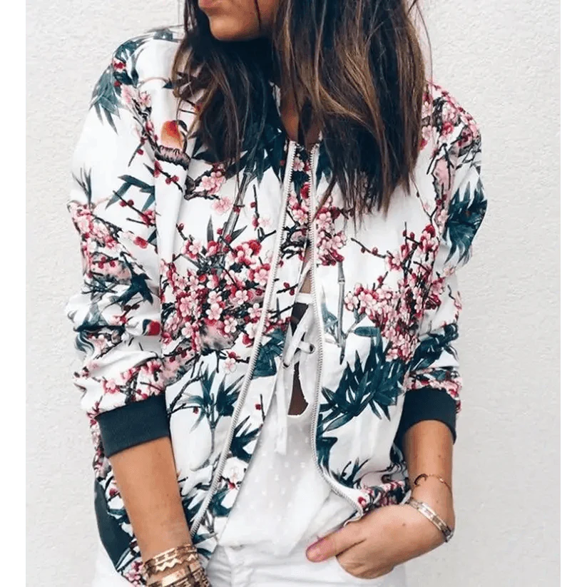New Vintage Style Autumn Plus Size Printed Bomber Jacket For Women Pockets Zipper Long Sleeve Coat For Female Flower Chiffon White Jacket Woman