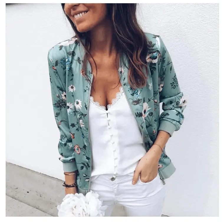 New Vintage Style Autumn Plus Size Printed Bomber Jacket For Women Pockets Zipper Long Sleeve Coat For Female Flower Chiffon White Jacket Woman