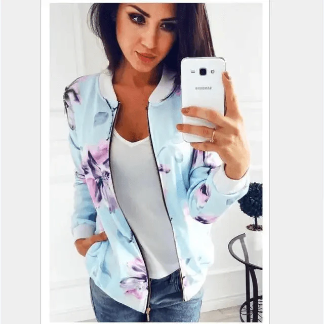 New Vintage Style Autumn Plus Size Printed Bomber Jacket For Women Pockets Zipper Long Sleeve Coat For Female Flower Chiffon White Jacket Woman
