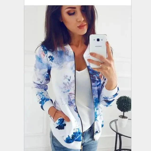 New Vintage Style Autumn Plus Size Printed Bomber Jacket For Women Pockets Zipper Long Sleeve Coat For Female Flower Chiffon White Jacket Woman