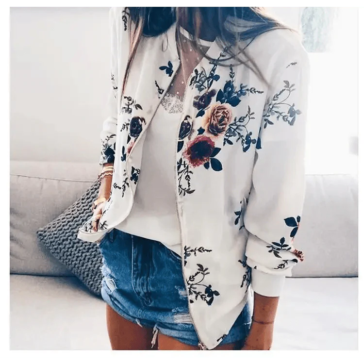 New Vintage Style Autumn Plus Size Printed Bomber Jacket For Women Pockets Zipper Long Sleeve Coat For Female Flower Chiffon White Jacket Woman