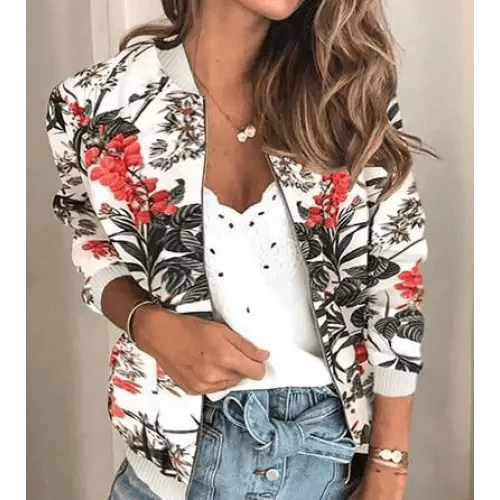 New Vintage Style Autumn Plus Size Printed Bomber Jacket For Women Pockets Zipper Long Sleeve Coat For Female Flower Chiffon White Jacket Woman