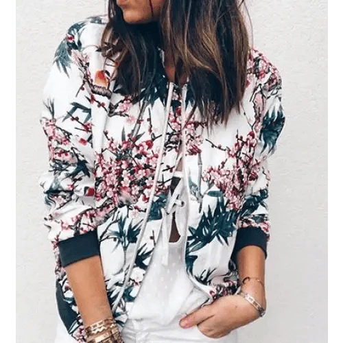 New Vintage Style Autumn Plus Size Printed Bomber Jacket For Women Pockets Zipper Long Sleeve Coat For Female Flower Chiffon White Jacket Woman