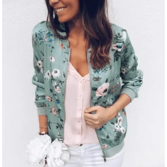 New Vintage Style Autumn Plus Size Printed Bomber Jacket For Women Pockets Zipper Long Sleeve Coat For Female Flower Chiffon White Jacket Woman