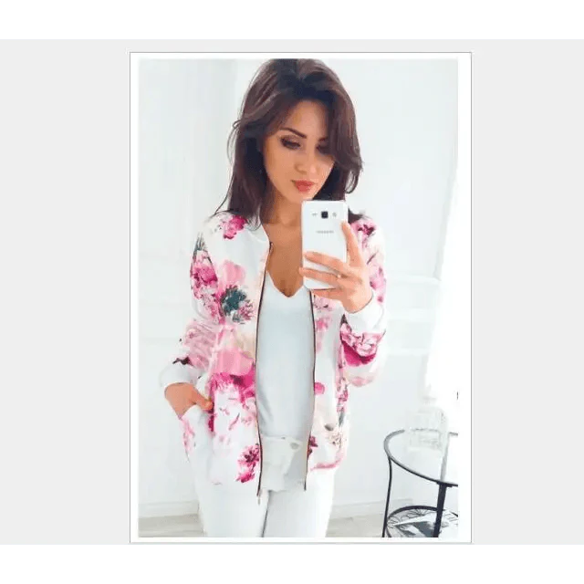New Vintage Style Autumn Plus Size Printed Bomber Jacket For Women Pockets Zipper Long Sleeve Coat For Female Flower Chiffon White Jacket Woman