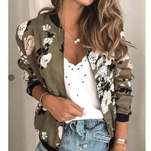 New Vintage Style Autumn Plus Size Printed Bomber Jacket For Women Pockets Zipper Long Sleeve Coat For Female Flower Chiffon White Jacket Woman